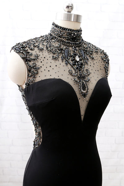 MACloth Mermaid High Neck Beaded Jersey Black Formal Evening Gown with Slit