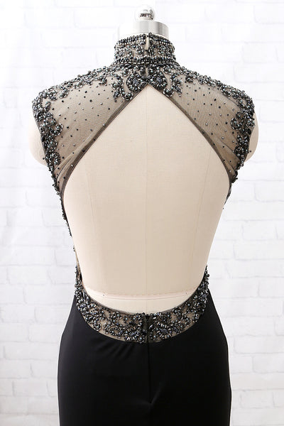 MACloth Mermaid High Neck Beaded Jersey Black Formal Evening Gown with Slit