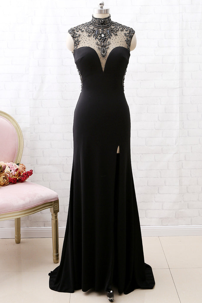 MACloth Mermaid High Neck Beaded Jersey Black Formal Evening Gown with Slit