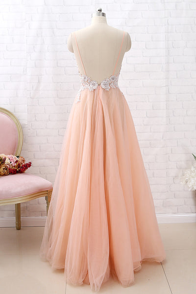 MACloth Straps V Neck Lace Tulle Blush Pink Prom Dress Formal Evening Gown