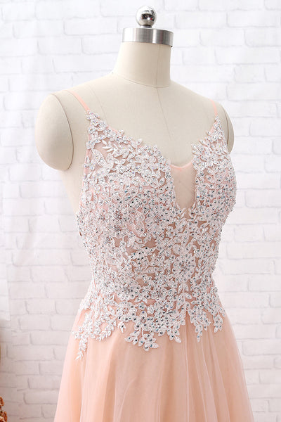MACloth Straps V Neck Lace Tulle Blush Pink Prom Dress Formal Evening Gown