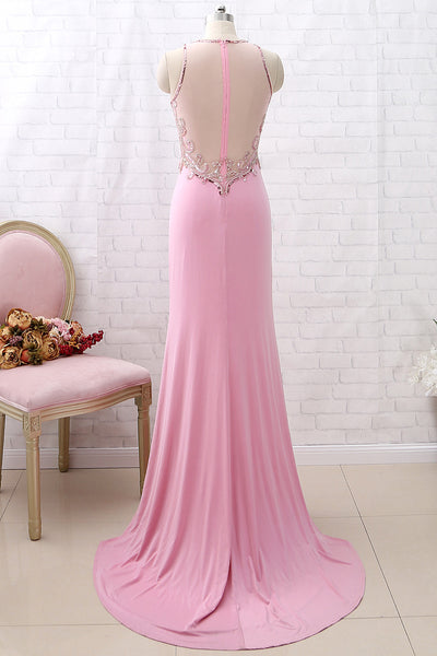 MACloth Sheath Beaded Jersey Pink Long Prom Dress Formal Evening Gown