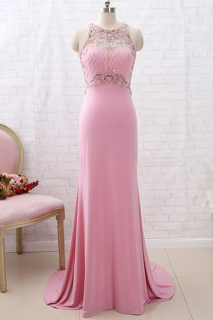 MACloth Sheath Beaded Jersey Pink Long Prom Dress Formal Evening Gown
