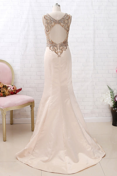 MACloth Mermaid V Neck Beaded Champagne Pageant Prom Dress Formal Evening Gown