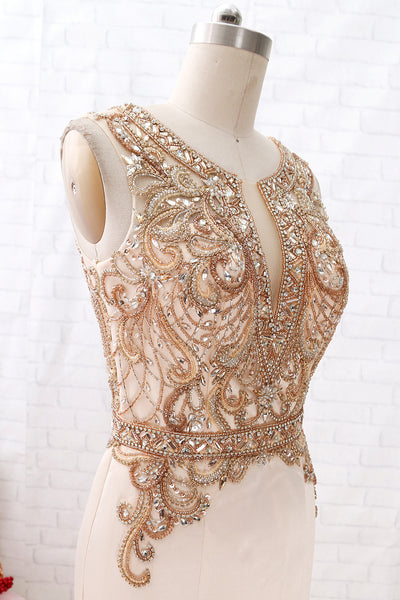 MACloth Mermaid V Neck Beaded Champagne Pageant Prom Dress Formal Evening Gown