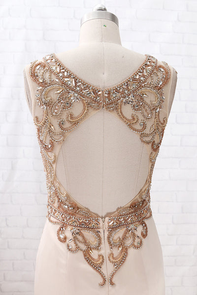 MACloth Mermaid V Neck Beaded Champagne Pageant Prom Dress Formal Evening Gown