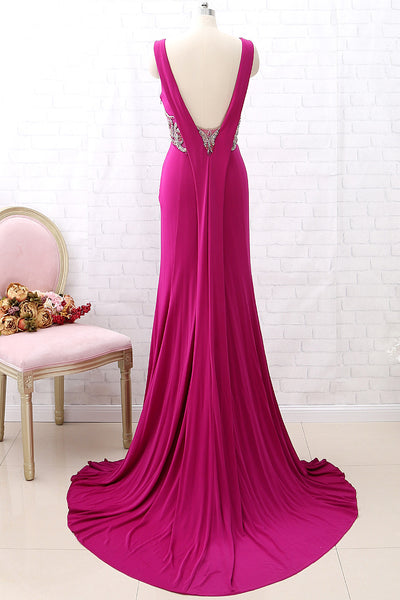 MACloth Sheath Straps V Neck Jersey Fuchsia Prom Dress Formal Evening Gown