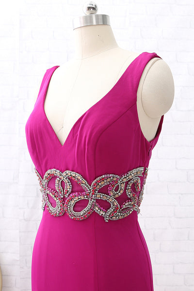 MACloth Sheath Straps V Neck Jersey Fuchsia Prom Dress Formal Evening Gown