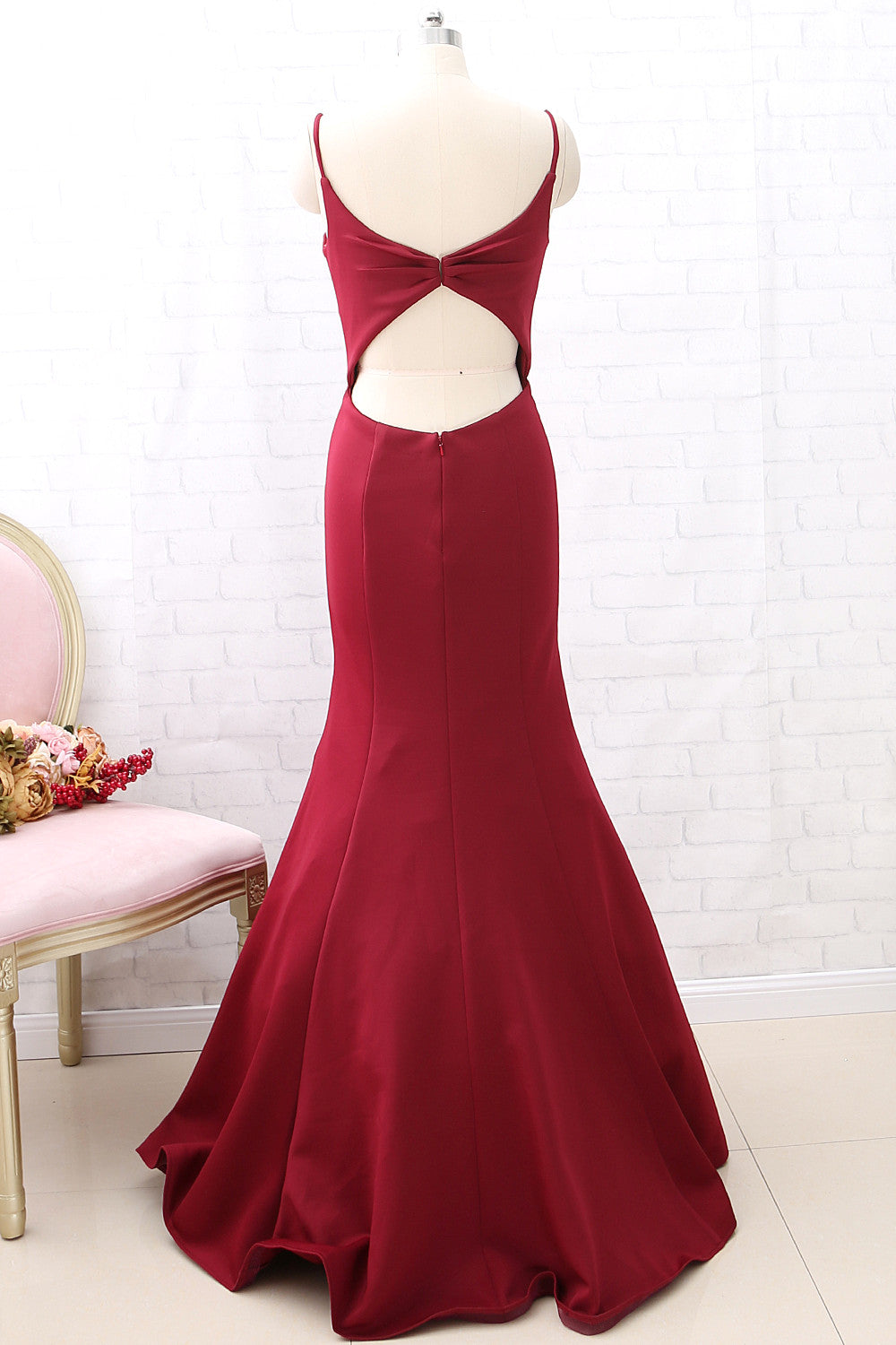 Vestido de fiesta largo de sirena con escote en V y tirantes de MACloth en color burdeos, vestido de noche formal con aberturas