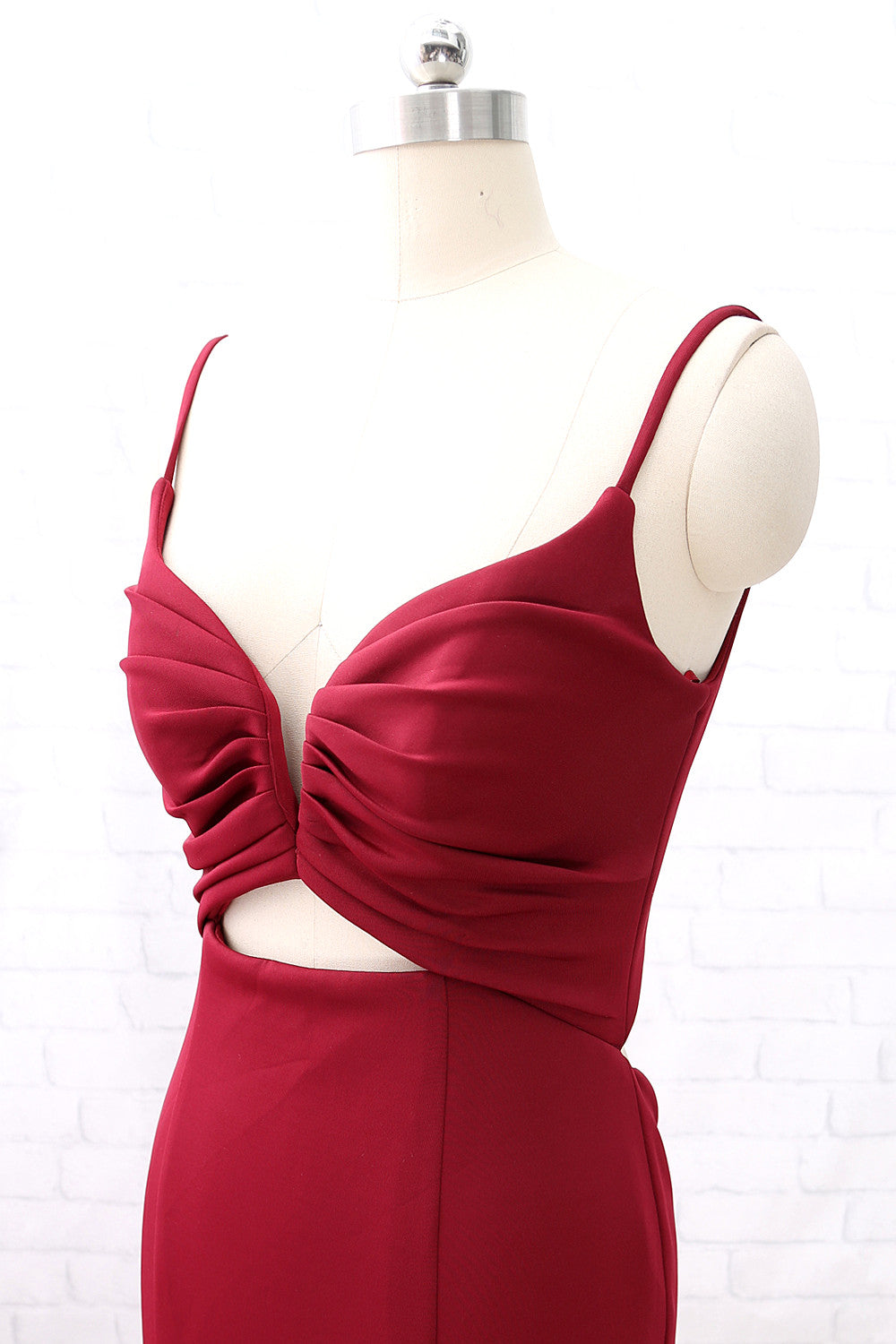 Vestido de fiesta largo de sirena con escote en V y tirantes de MACloth en color burdeos, vestido de noche formal con aberturas