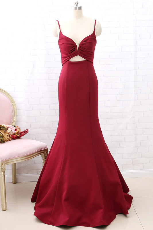 MACloth Straps V Neck Mermaid Burgundy Long Prom Dress Cut Out Formal Evening Gown