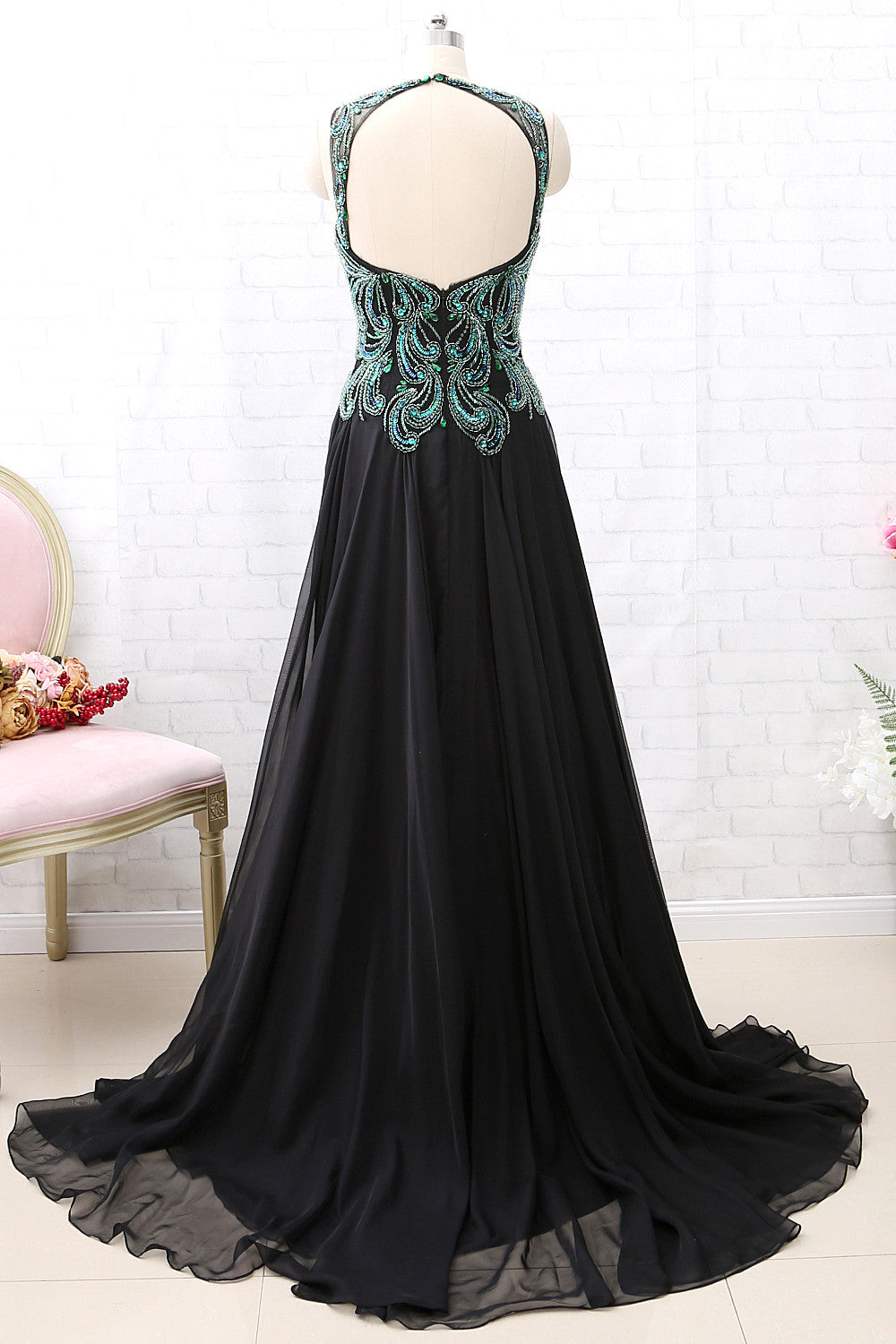 Vestido de fiesta largo de gasa negra con cuentas y tirantes MACloth, vestido de noche formal