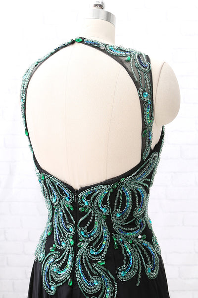 MACloth Straps Green Beaded Black Chiffon Long Prom Dress Formal Evening Gown