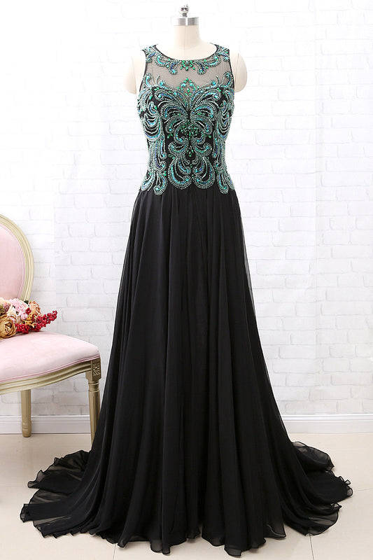 MACloth Straps Green Beaded Black Chiffon Long Prom Dress Formal Evening Gown