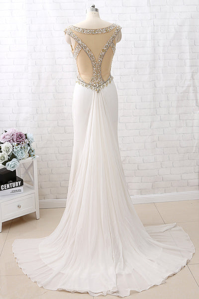 MACloth Mermaid Crystals Beaded Jersey Ivory Prom Dress Formal Evening Gown