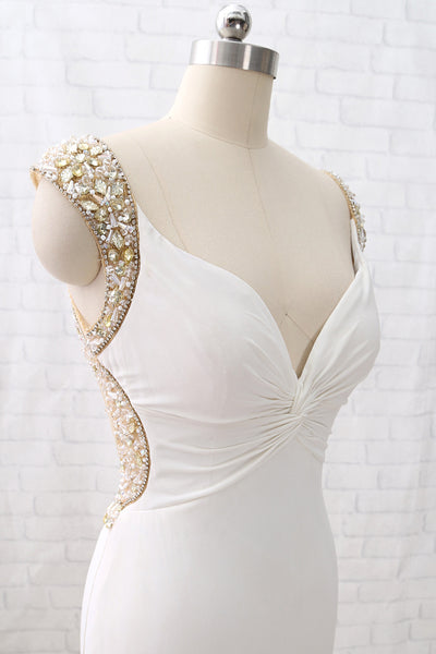 MACloth Mermaid Crystals Beaded Jersey Ivory Prom Dress Formal Evening Gown