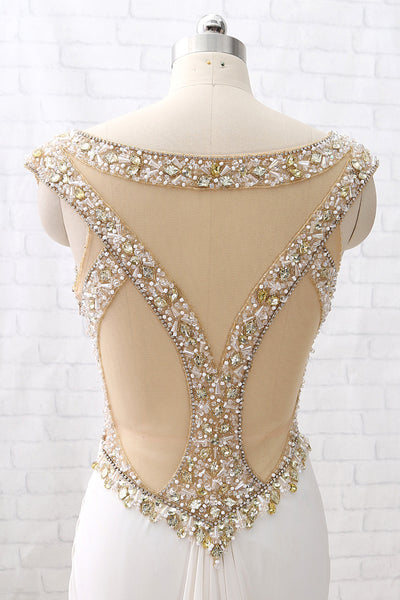 MACloth Mermaid Crystals Beaded Jersey Ivory Prom Dress Formal Evening Gown