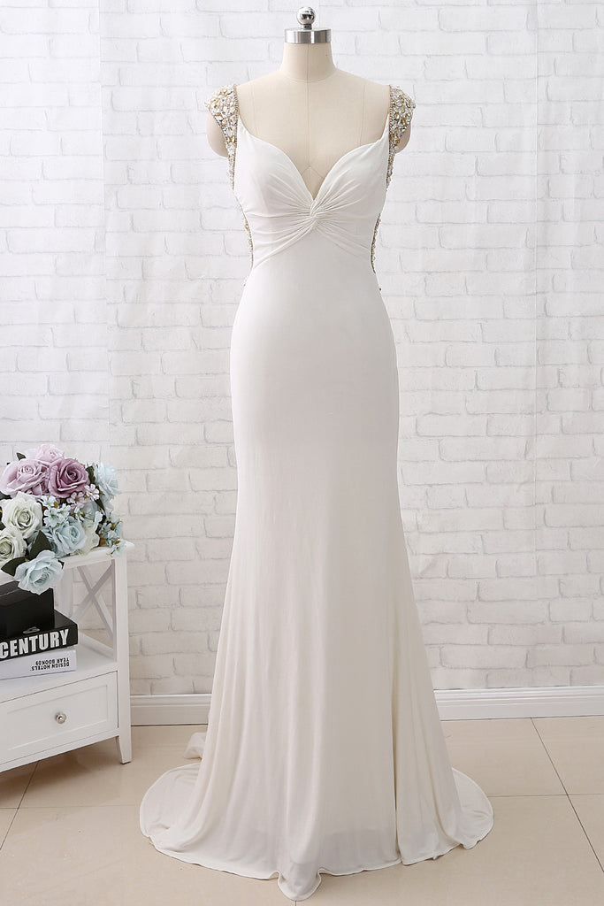 MACloth Mermaid Crystals Beaded Jersey Ivory Prom Dress Formal Evening Gown