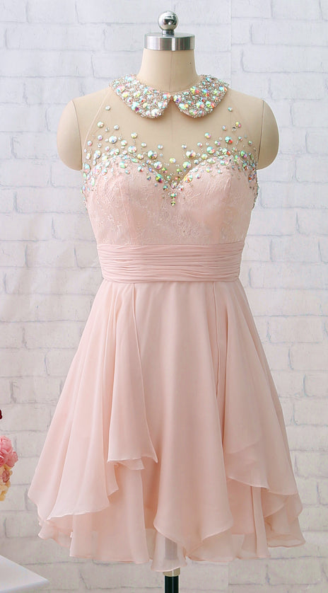 MACloth Beaded Lace Chiffon Mini Prom Homecoming Dress Light Pink Party Dress