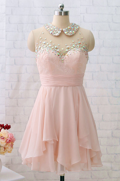MACloth Beaded Lace Chiffon Mini Prom Homecoming Dress Light Pink Party Dress