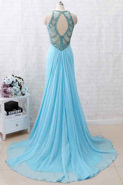 MACloth Sheath Straps Beaded Jersey Long Prom Dress Blue Formal Evening Gown