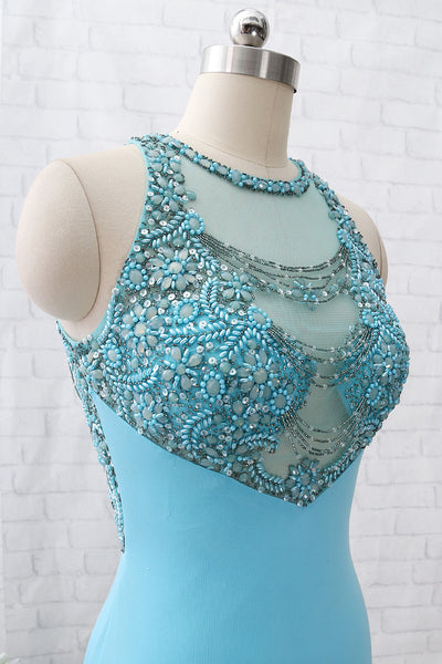 MACloth Sheath Straps Beaded Jersey Long Prom Dress Blue Formal Evening Gown