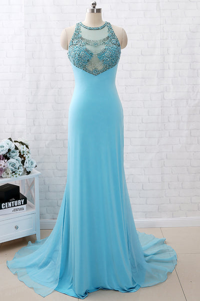 MACloth Sheath Straps Beaded Jersey Long Prom Dress Blue Formal Evening Gown