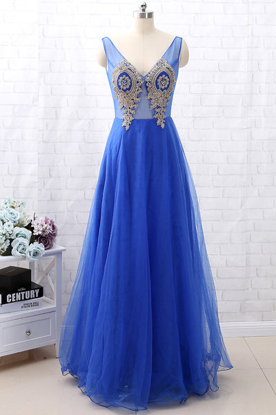 MACloth Straps V Neck Gold Lace Tulle Long Prom Dress Formal Evening Gown