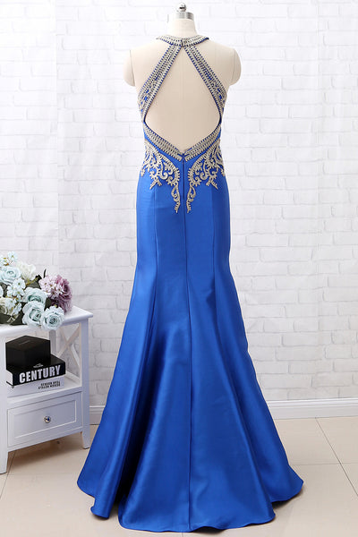 MACloth Mermaid Halter Gold Lace Blue Satin Long Prom Dress Formal Evening Gown