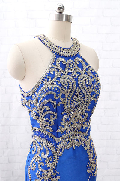 MACloth Mermaid Halter Gold Lace Blue Satin Long Prom Dress Formal Evening Gown