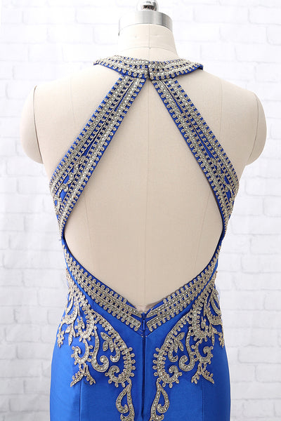 MACloth Mermaid Halter Gold Lace Blue Satin Long Prom Dress Formal Evening Gown
