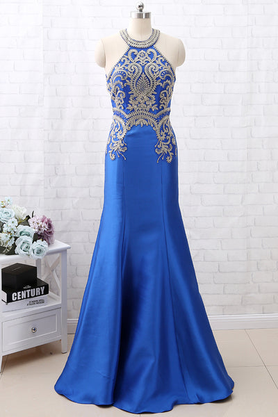 MACloth Mermaid Halter Gold Lace Blue Satin Long Prom Dress Formal Evening Gown