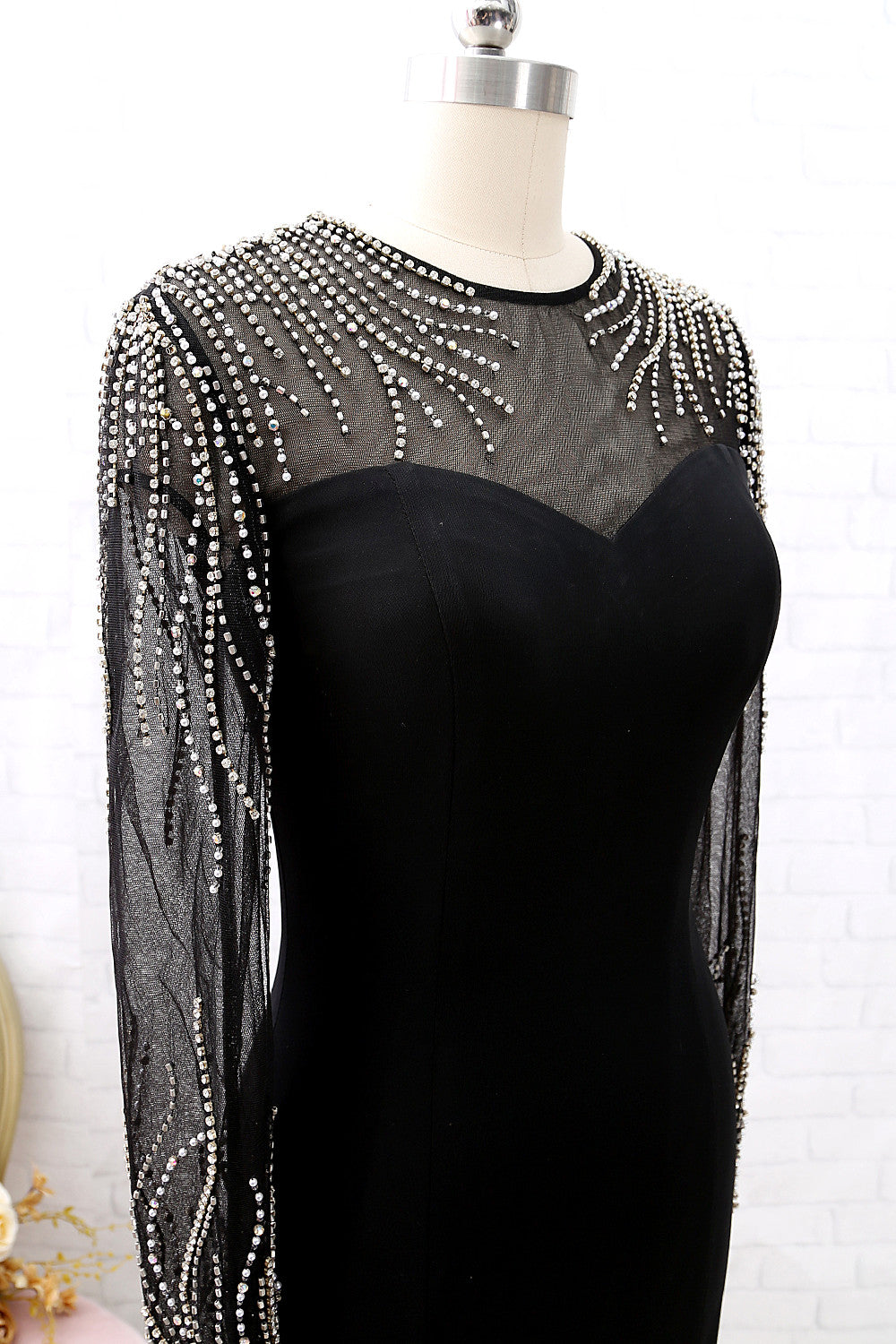 Vestido de noche formal de manga larga con cristales de MACloth, vestido largo para desfile y fiesta, color negro