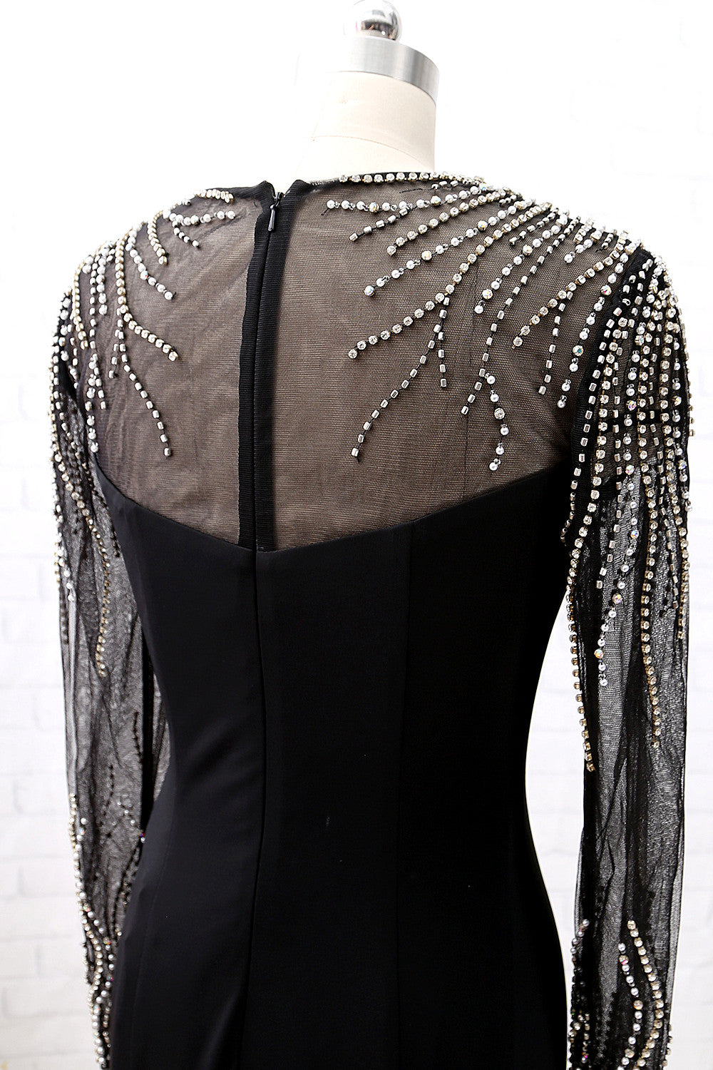 Vestido de noche formal de manga larga con cristales de MACloth, vestido largo para desfile y fiesta, color negro