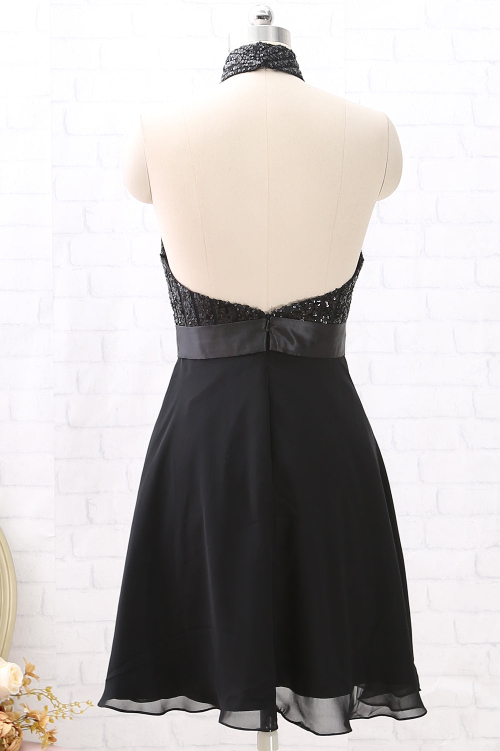 MACloth Neckholder Pailletten Chiffon Kurzes Hochzeitspartykleid Kleines Schwarzes Kleid