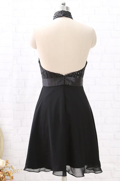 MACloth Halter Sequin Chiffon Short Wedding Party Dress Little Black Dress