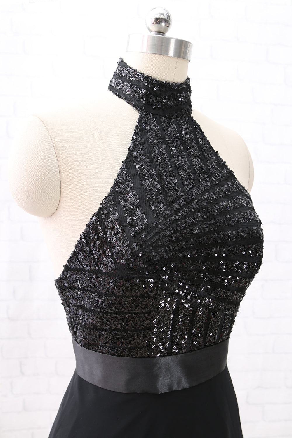 MACloth Neckholder Pailletten Chiffon Kurzes Hochzeitspartykleid Kleines Schwarzes Kleid