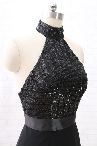 MACloth Halter Sequin Chiffon Short Wedding Party Dress Little Black Dress