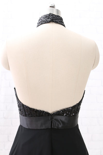 MACloth Halter Sequin Chiffon Short Wedding Party Dress Little Black Dress