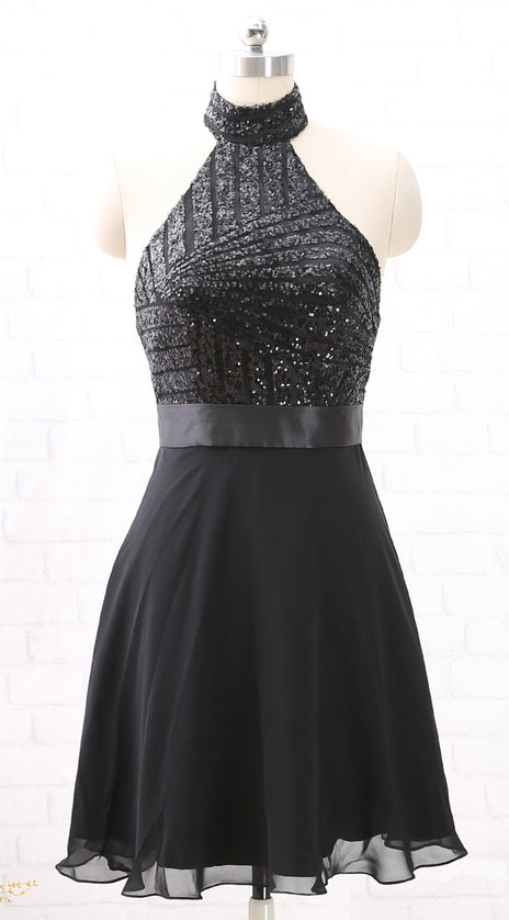 MACloth Halter Sequin Chiffon Short Wedding Party Dress Little Black Dress