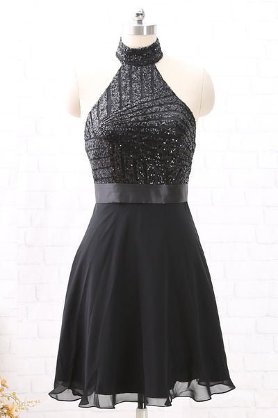 MACloth Halter Sequin Chiffon Short Wedding Party Dress Little Black Dress