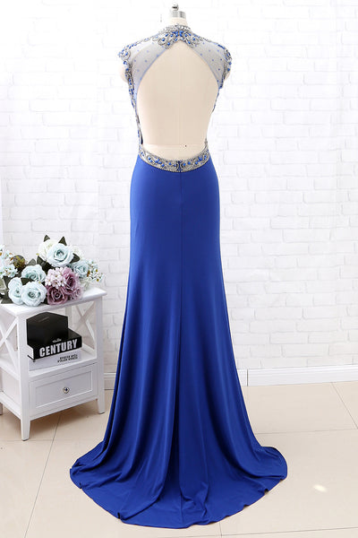 MACloth Mermaid High Neck Beaded Jersey Royal Blue Formal Evening Gown with Slit