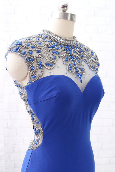 MACloth Mermaid High Neck Beaded Jersey Royal Blue Formal Evening Gown with Slit