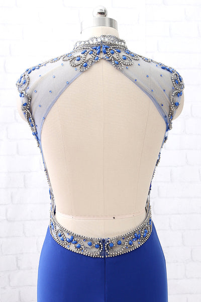 MACloth Mermaid High Neck Beaded Jersey Royal Blue Formal Evening Gown with Slit