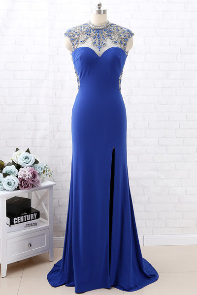 MACloth Mermaid High Neck Beaded Jersey Royal Blue Formal Evening Gown with Slit