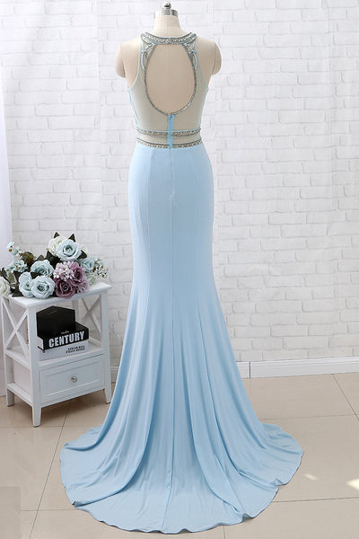 MACloth Sheath O Neck Jersey Sky Blue Long Prom Dress Formal Evening Gown