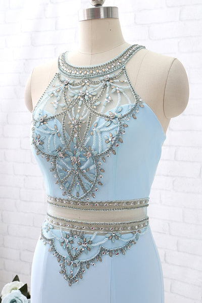 MACloth Sheath O Neck Jersey Sky Blue Long Prom Dress Formal Evening Gown
