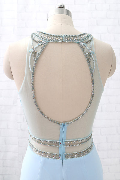 MACloth Sheath O Neck Jersey Sky Blue Long Prom Dress Formal Evening Gown