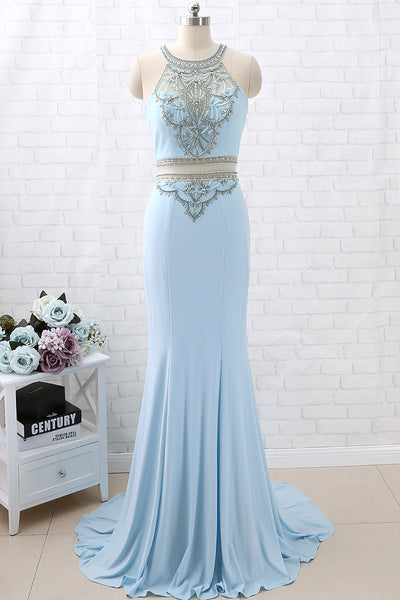 MACloth Sheath O Neck Jersey Sky Blue Long Prom Dress Formal Evening Gown
