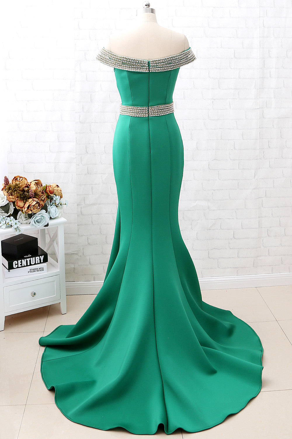 Vestido de fiesta verde con hombros descubiertos y corte sirena de MACloth, vestido de noche formal sexy